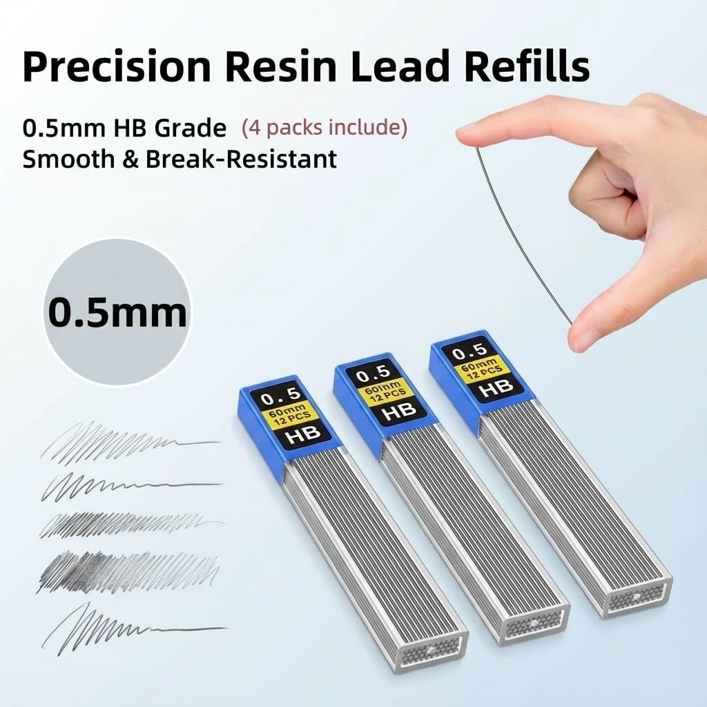 0.5mm Mechanical Pencil Set with Case: Cute Pencils Set Include Lead Eraser Refills, Ruler – Ideal for Students, Teachers, Writing, Drawing, School daily use (0.5mm)