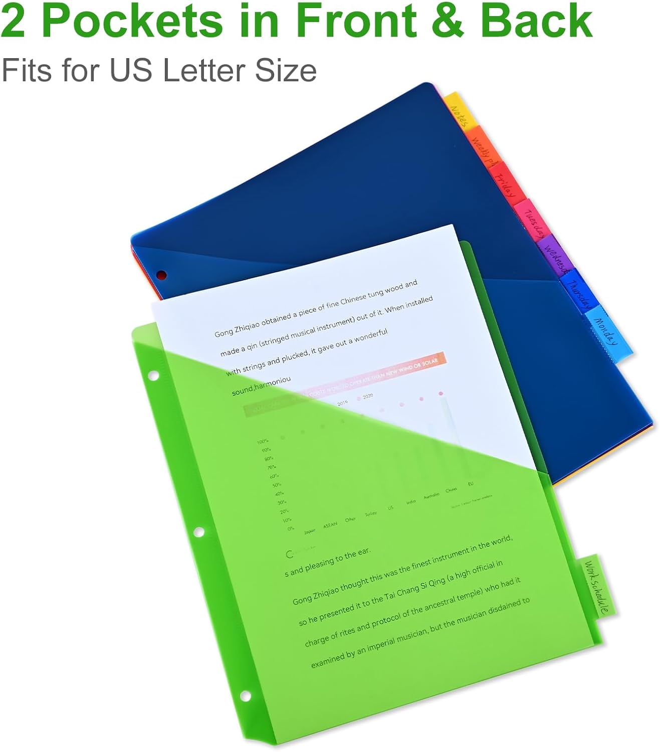 8-Tab Binder Dividers - Index Pockets Divider for 3 Ring Binders, 3-Hole Plastics Sheets Protectors for US Letter Size in 0.5'', 1'', 2'', 3 inch Binders, 8 Colors (XY004) (12 Packs)