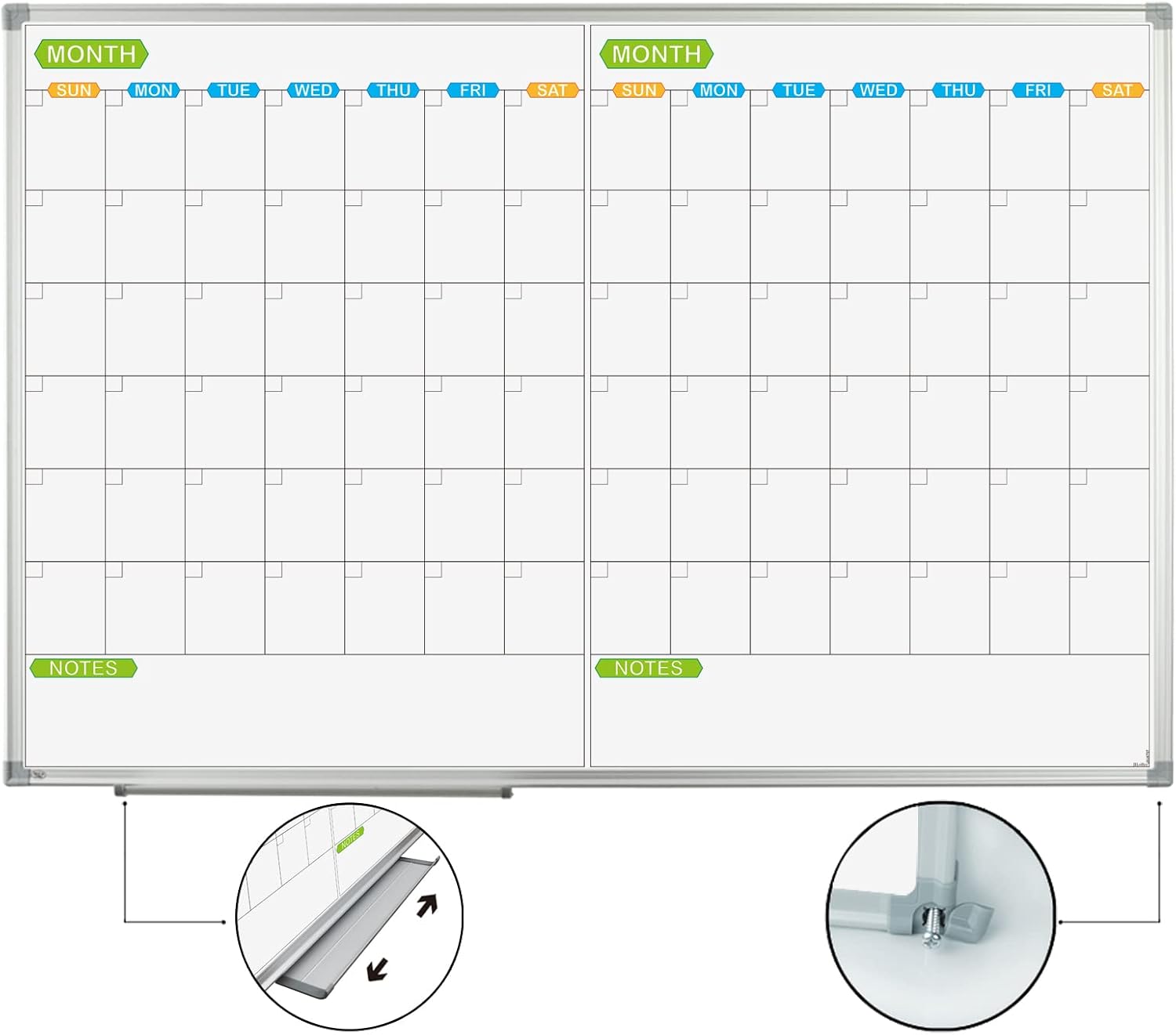 JILoffice Magnetic Dry Erase Calendar Whiteboard, 2 Month White Board Planner 36 X 24 Inch, Silver Aluminum Frame Wall Mounted Board for Office Home and School - Lumora Desk