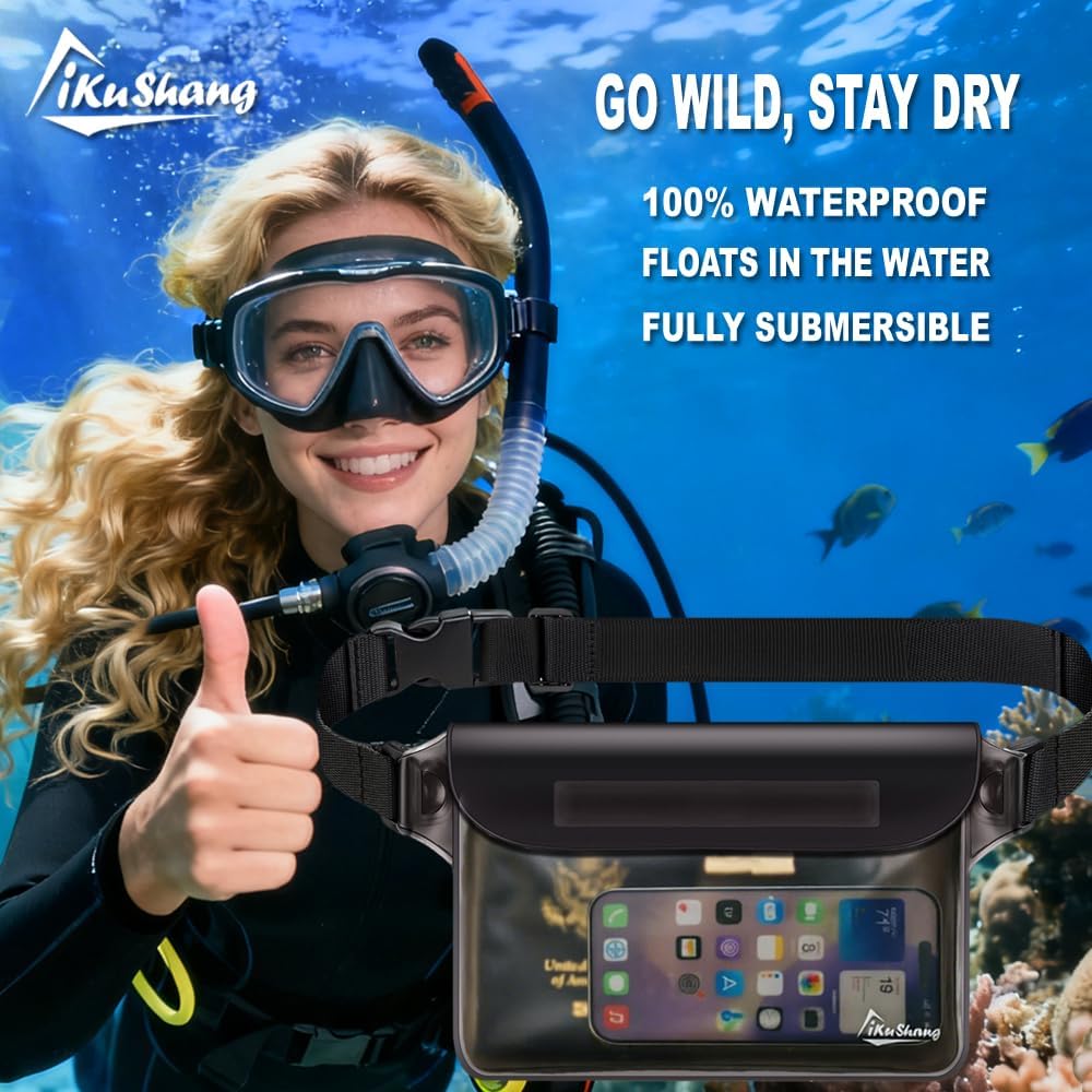 Waterproof Fanny Pack Phone Pouch - 32FT Submersible Triple Zip Lock Dry Bag, Touchscreen Passport Wallet Travel Pouch for Beach Cruise Swimming Kayaking Boating Essentials