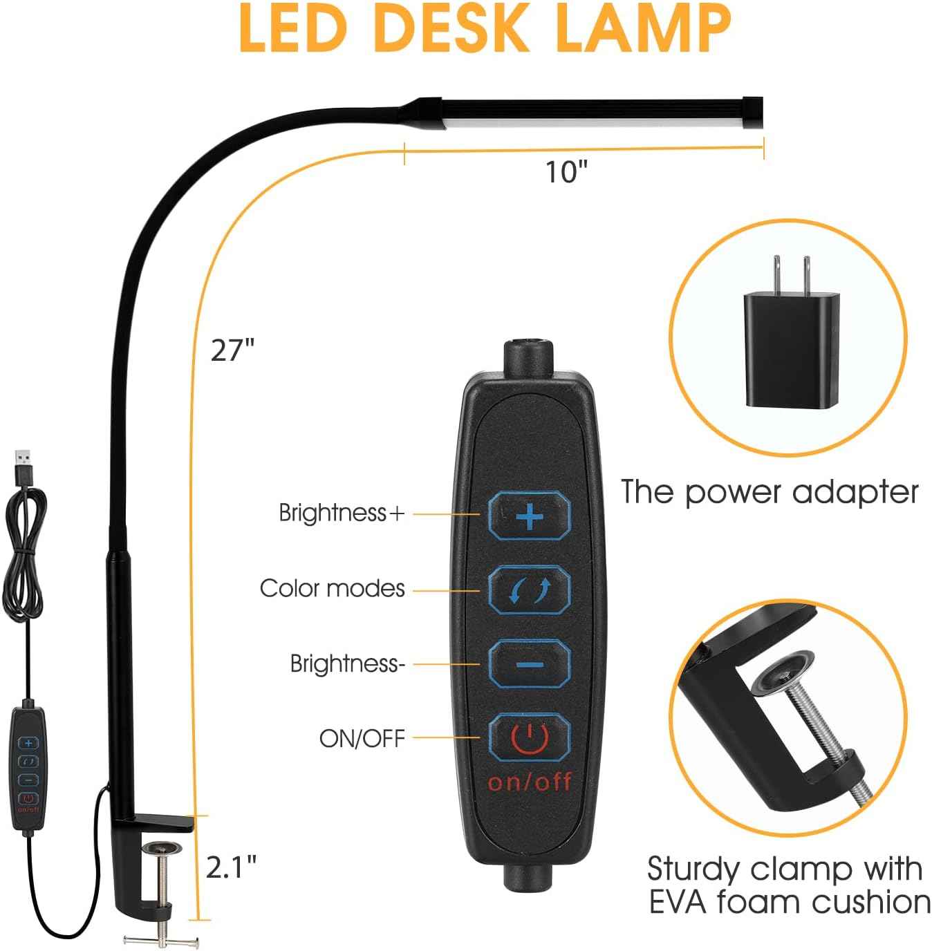 Voncerus LED Desk Lamp with Clamp, Eye-Caring Clip on Lights for Home Office, 3 Modes 10 Brightness, Long Flexible Goose-Neck, Metal, Swing Arm Architect Task Table Lamps with USB Adapter, Black