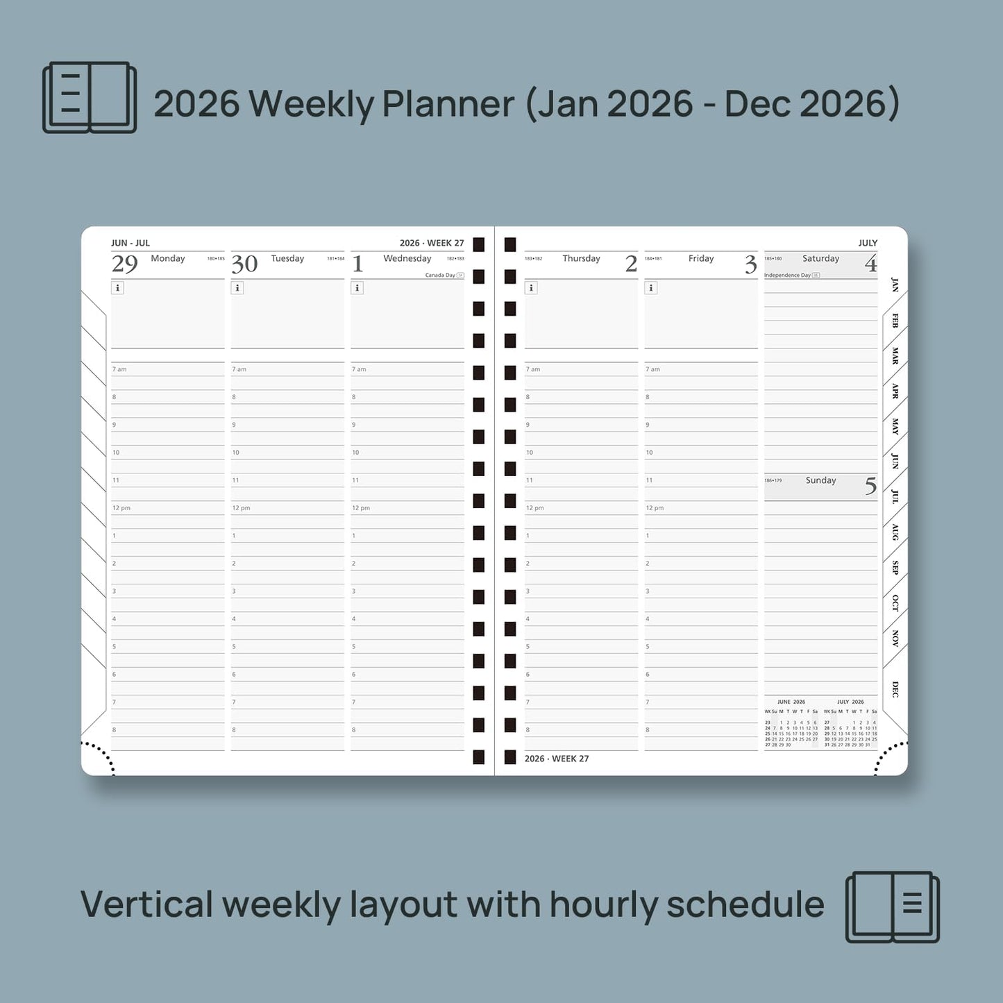 POPRUN 2026 Planner (Medium - 6.5'' x 8.5'') with Hourly Schedule, Vertical Layout - 2026 Weekly Calendar (Jan. 2026 - Dec.2026) for Time Management, Monthly Tabs, Spiral Bound, Soft Cover - Night Sky Blue