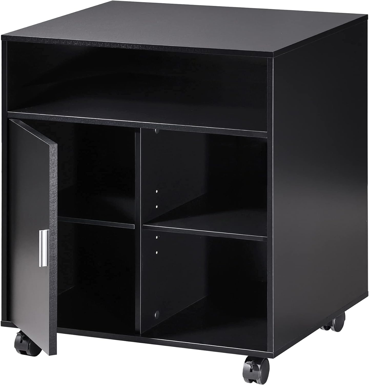 FITUEYES Printer Stand with Storage Adjustable Shelves, Wood Mobile Cart with Door, Rolling File Cabinet on Wheels for Home Office, Black, PS406001WB