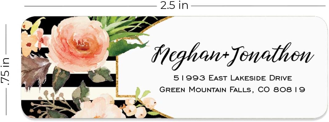 Black and White Stripe Floral Rolled Address Labels/Roll of 500 Personalized Return Address Labels/Designer Return Address Stickers in Elegant Plastic Dispenser - Lumora Desk