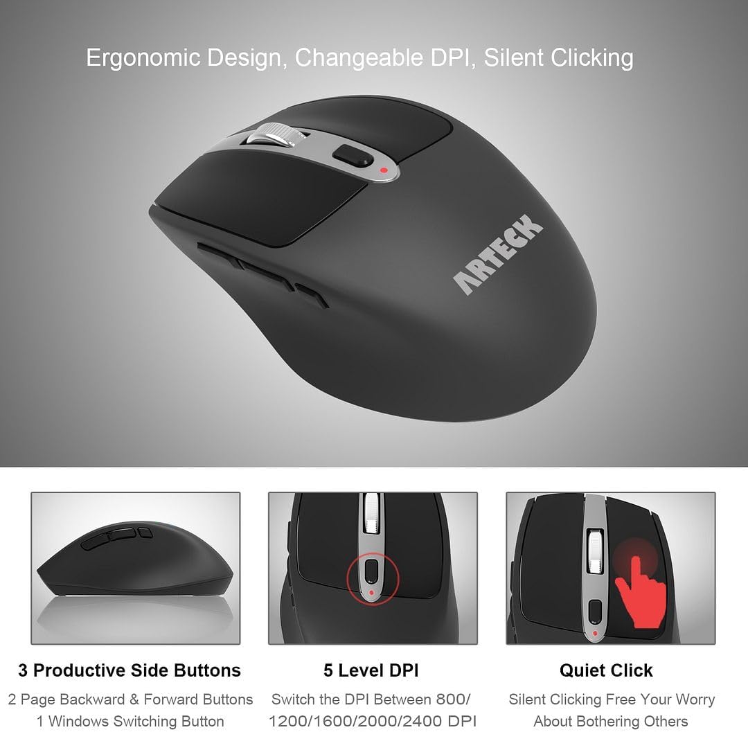 Arteck 2.4G USB Wireless Keyboard and Mouse Combo Ultra Slim Compact Keyboard and Ergonomic Mouse for Computer Desktop PC Laptop and Windows 11/10/8/7 Build in USB-C Rechargeable Battery