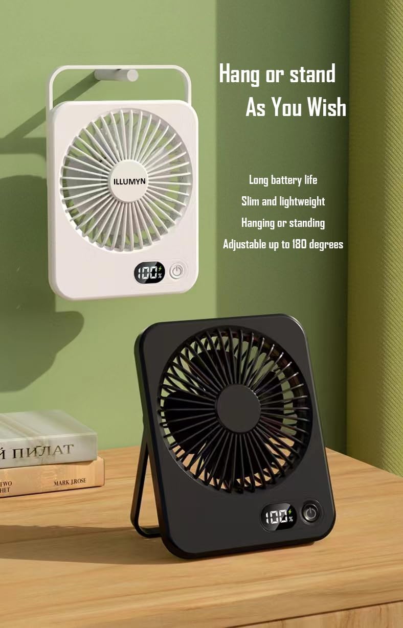 Desk Fan Rechargeable, Portable Battery Desk Fan for Office Bedroom Bedside, Ultra Silent USB Fan with Strong Airflow, Tilt Folding Fan for Travel, 5-Speed with 2600mAh Battery & LCD Display