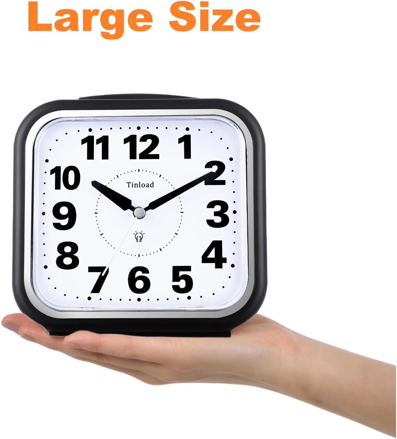 5.5" Large No Ticking Analog Alarm Clock,Silent Readable for Seniors,Easy to Set,Gradual Rise Alarm,Big Numbers,Gentle Wake,Snooze, Lighted on Demand,Battery Operated,Black