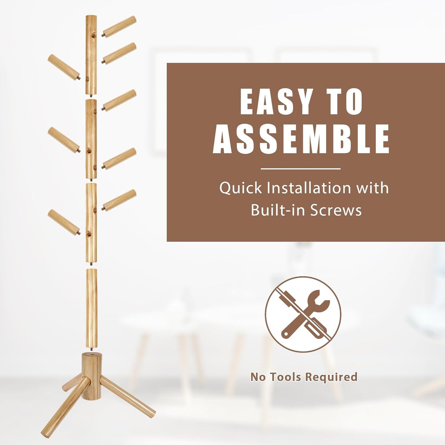 Haddockway Wooden Coat Rack Stand with 8 Hooks New Zealand Pine 3 Adjustable Coat Standing Tree Easy Assembly for Coats, Hats, Scarves and Handbags for Entryway, Hallway, Bedroom, Office - Lumora Desk