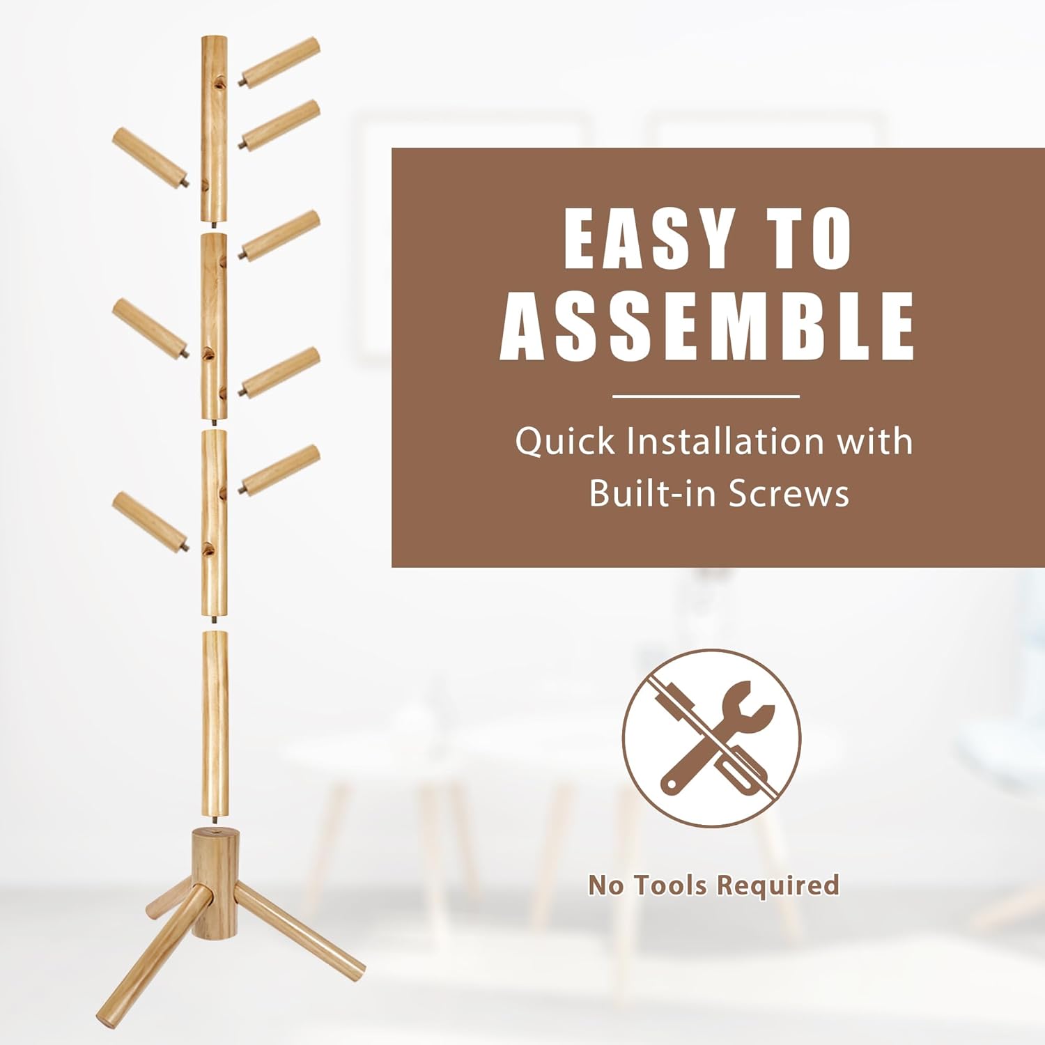 Haddockway Wooden Coat Rack Stand with 8 Hooks New Zealand Pine 3 Adjustable Coat Standing Tree Easy Assembly for Coats, Hats, Scarves and Handbags for Entryway, Hallway, Bedroom, Office - Lumora Desk