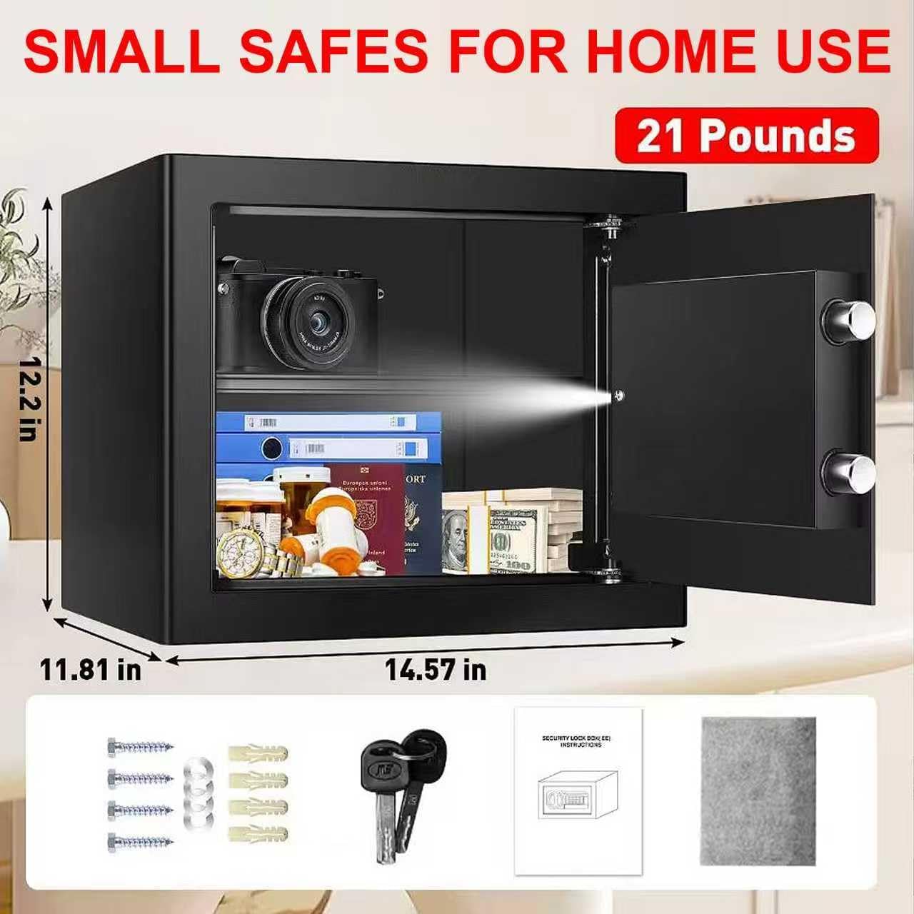 1.8 Cubic Feet Small Personal Safe for Home Use, Anti-theft Fireproof Lock Box with Programmable Keypad, Spare Keys and Removable Shelf, Digital Home Security Safe for Money Documents Medicines