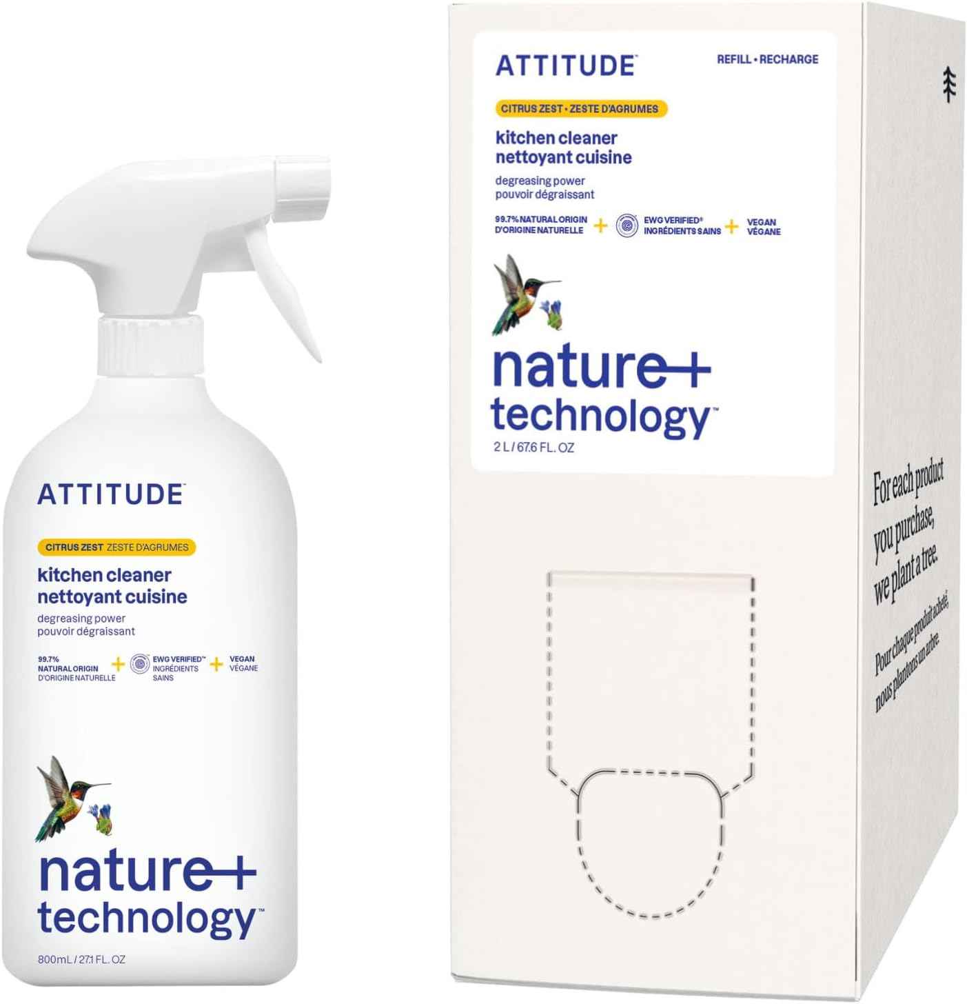 Bundle of ATTITUDE Kitchen All Purpose Cleaner, Multi-Surface Cleaner, Plant & Mineral-based Formula, Citrus Zest, 27.1 fl oz + Bulk Refill, 67.7 Fl Oz