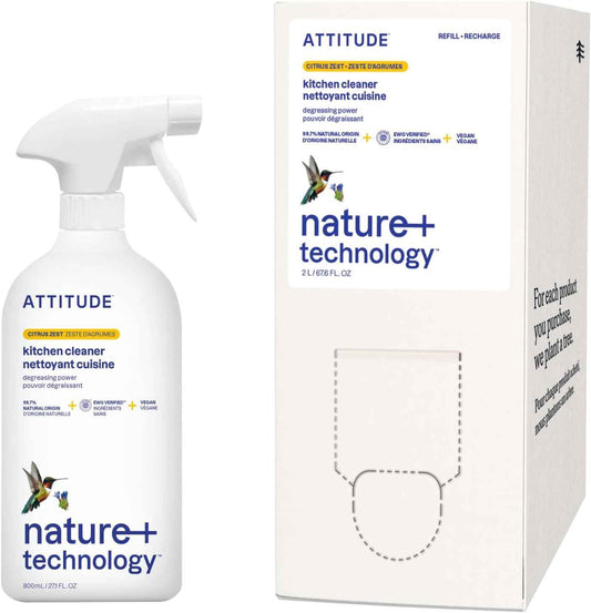 Bundle of ATTITUDE Kitchen All Purpose Cleaner, Multi-Surface Cleaner, Plant & Mineral-based Formula, Citrus Zest, 27.1 fl oz + Bulk Refill, 67.7 Fl Oz