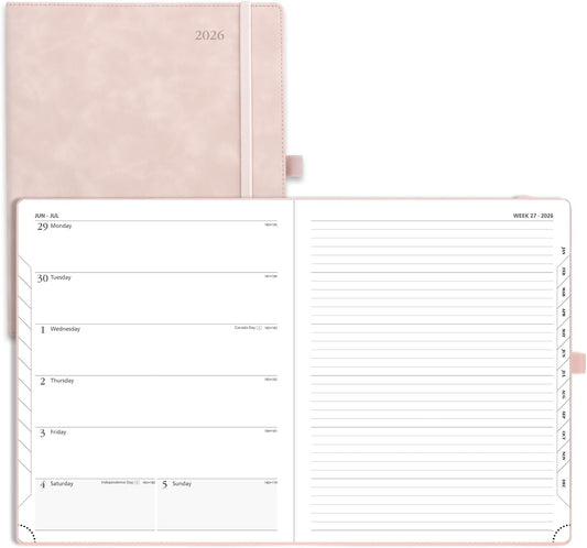 POPRUN Weekly Planner 2026 (Large 8.5" x 10.5") Calendar 12 Months Notebook with Horizontal Layout, Leather Soft Cover, Monthly Tabs, Inner Pocket, 100GSM Thick Paper, Pen Holder - Soft Pink