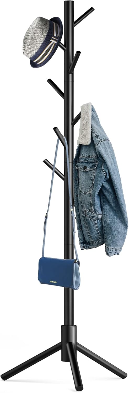 Wooden Tree Coat Rack Stand,Sturdy Freestanding Coat Rack with 8 Hooks,3 Adjustable Height for Child Adult,Wood Coat Stand Tree Fits Entryway Bedroom Office for Bags,Hats - Lumora Desk
