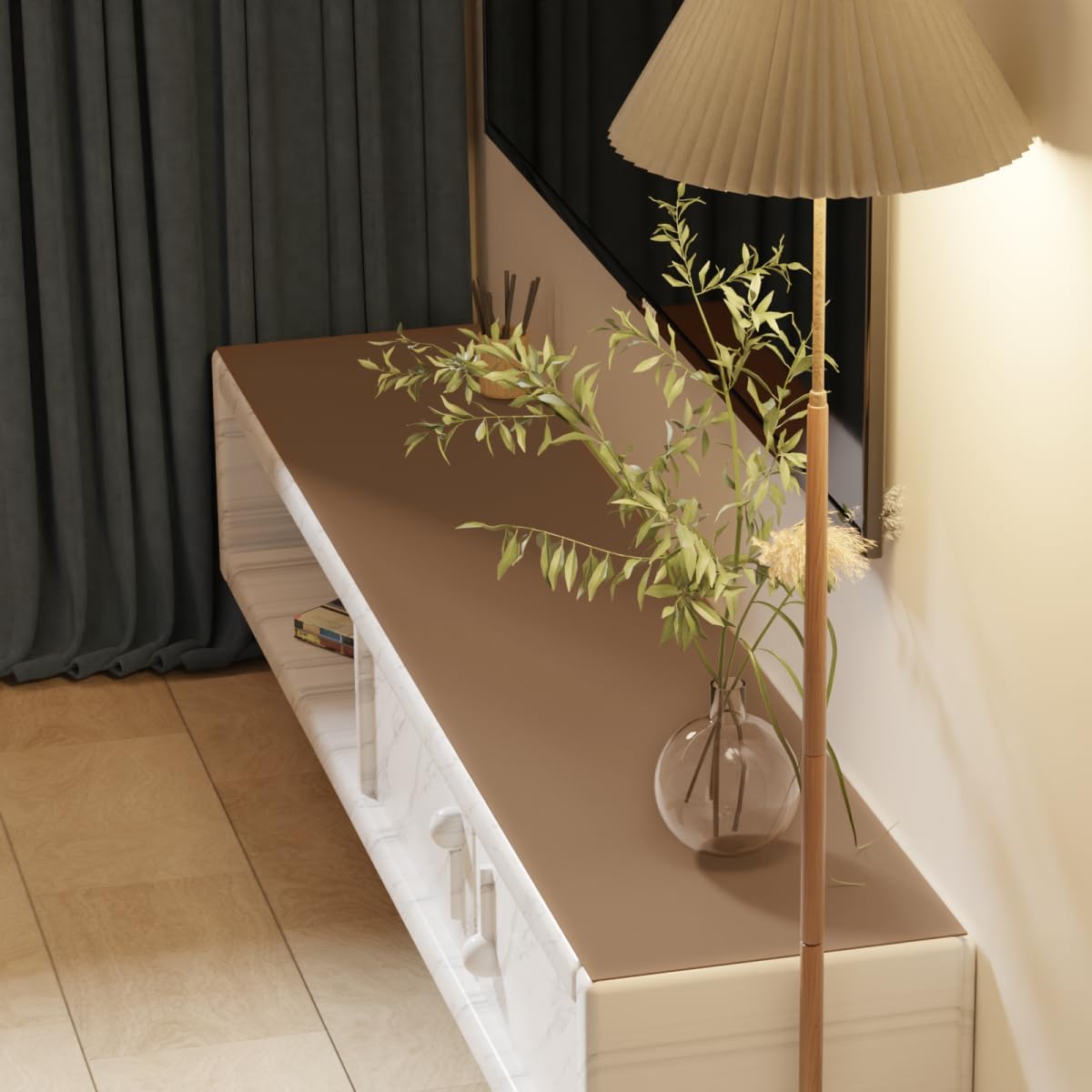 Leather Table Cover,1.8mm Thick,16x91 Inch Desk Cover,Dresser Top Cover,Dresser Top Protector,Dresser Cover Top for Bedroom.(Mud Color+Champagne Gold,16x91)
