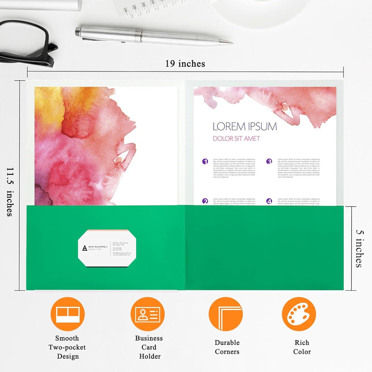 25Pcs Green Folders, Folders with Pockets, 2 Pocket Folders, Folders with Pockets Bulk, Holds 100 Sheets (50 per Pocket), Assorted Colors, Office Or School, pmy015