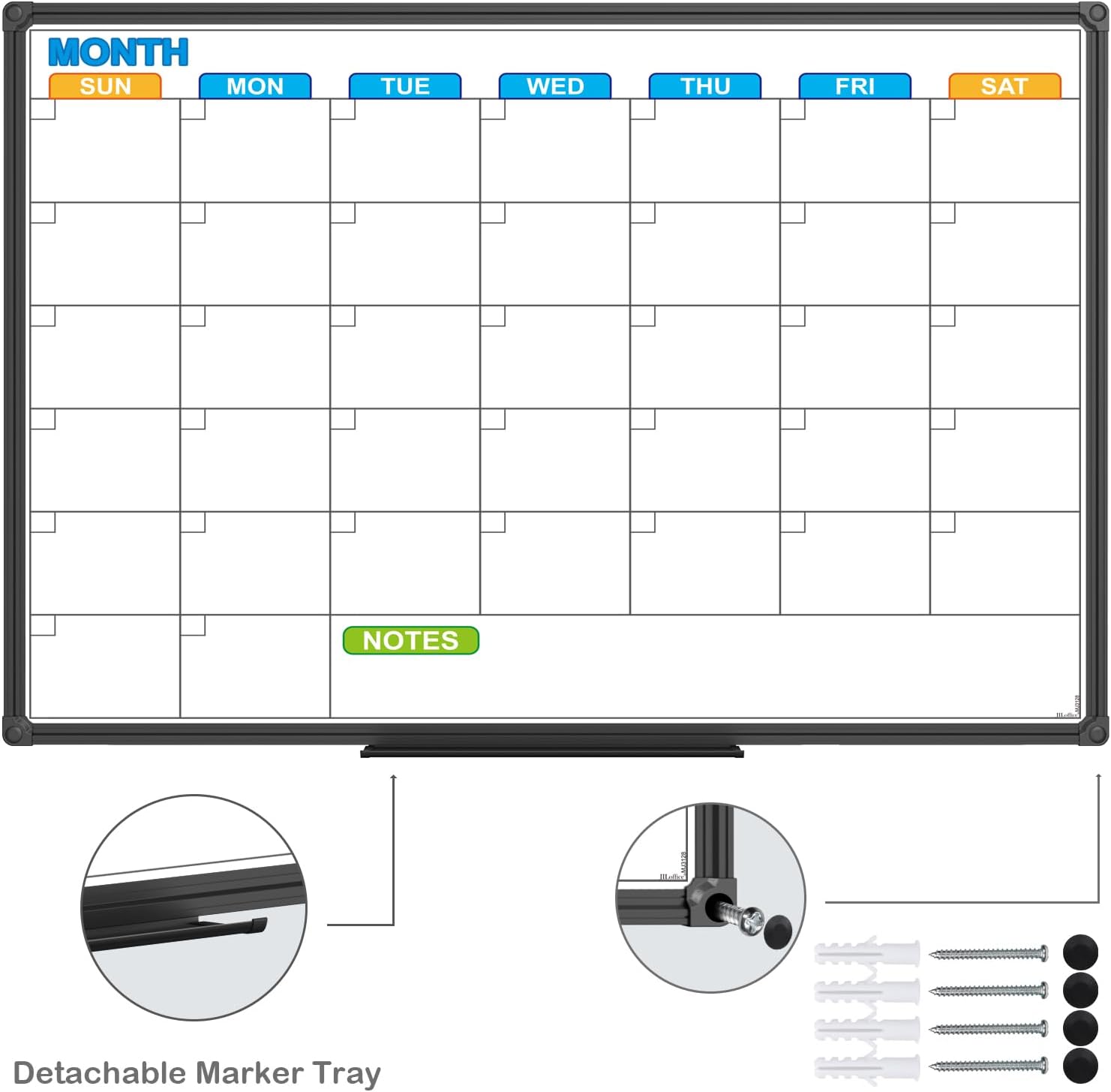 JILoffice Dry Erase Calendar Whiteboard - Magnetic White Board Calendar Monthly 24 X 18 Inch, Black Aluminium Frame Wall Mounted Board for Office Home and School - Lumora Desk