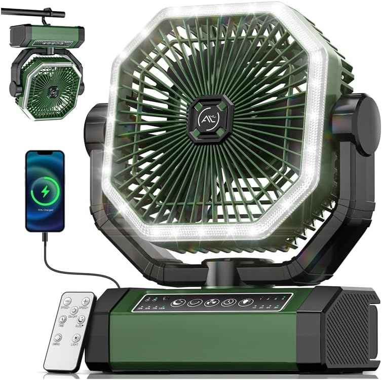 Allsion Camping Fan - 24000mAh Portable Fan, Rechargeable Fan with Light & Remote, Battery Powered Fan 4 Speed Strong Airflow, Desk/Camping/Outdoor/Gym Fan for Office Travel Treadmill Camping Gear
