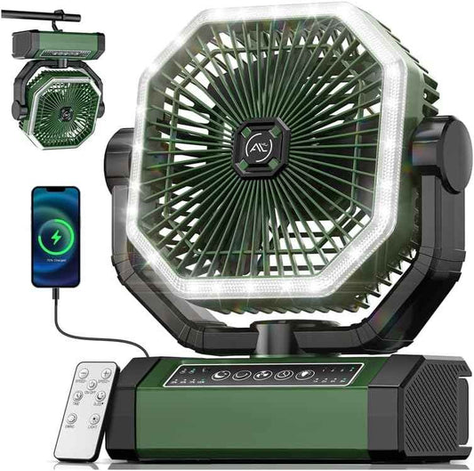 Allsion Camping Fan - 24000mAh Portable Fan, Rechargeable Fan with Light & Remote, Battery Powered Fan 4 Speed Strong Airflow, Desk/Camping/Outdoor/Gym Fan for Office Travel Treadmill Camping Gear