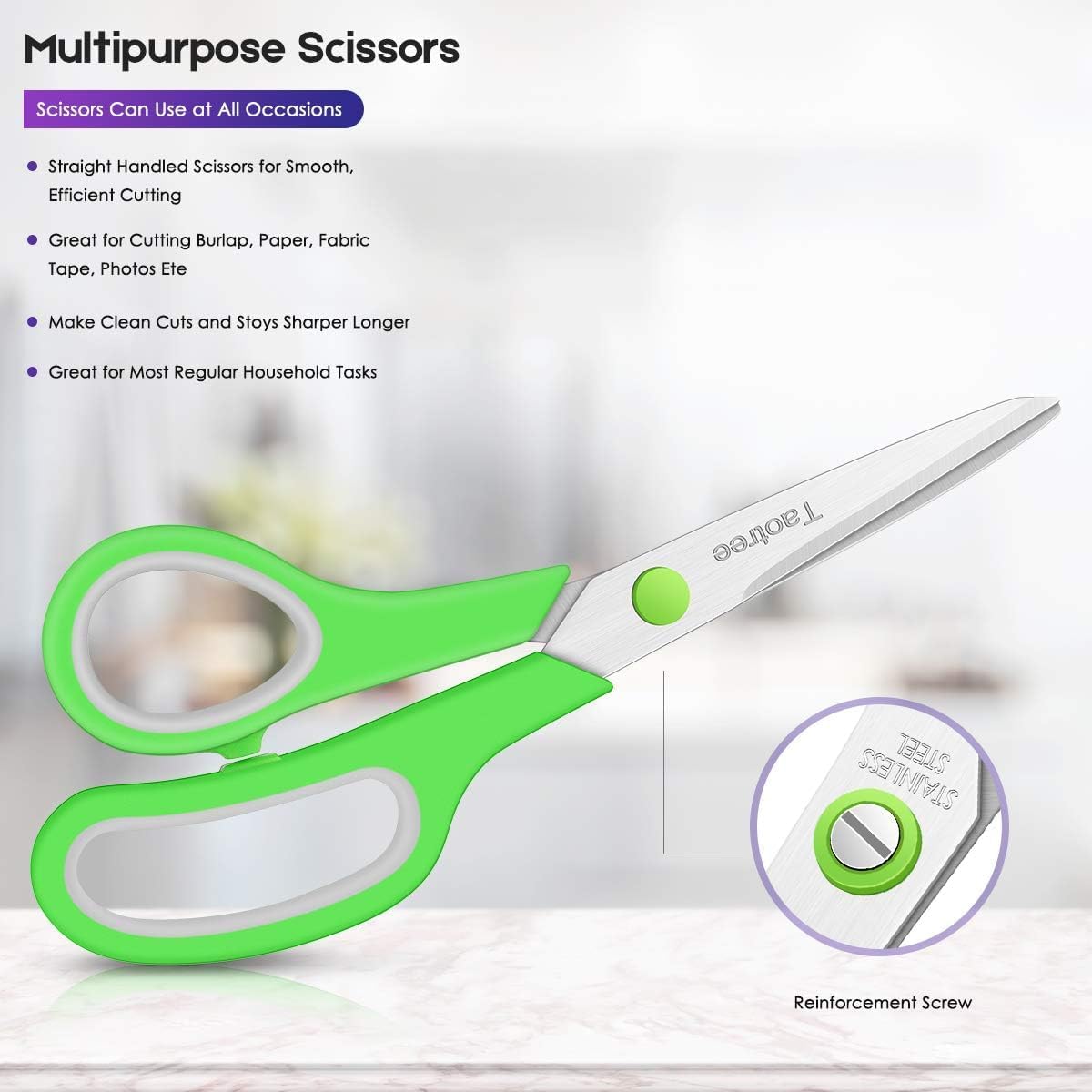 Scissors Bulk Set of 6-Pack, Taotree 8" Scissors All Purpose Comfort Grip Sharp Shears for Office School Supplies, High/Middle School Student Teacher Home Art Craft Sewing Fabric, Scrapbook Supplies