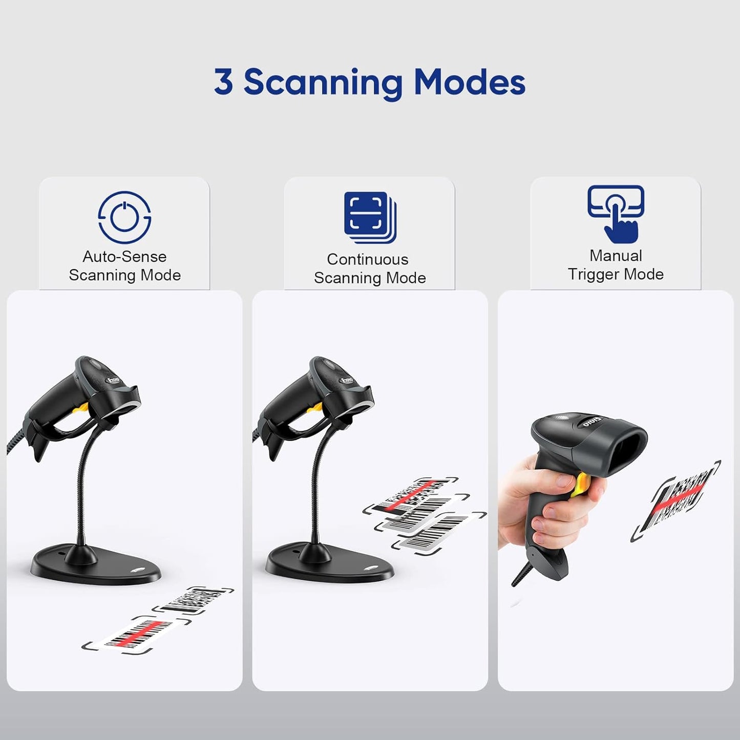 Eyoyo Handheld 2D Barcode Scanner with Gooseneck Stand, Automatic USB Wired QR Code Scanner Bar Code Reader Support Screen Scanning for PC POS System Library Store Supermarket Check-Out, Inventory