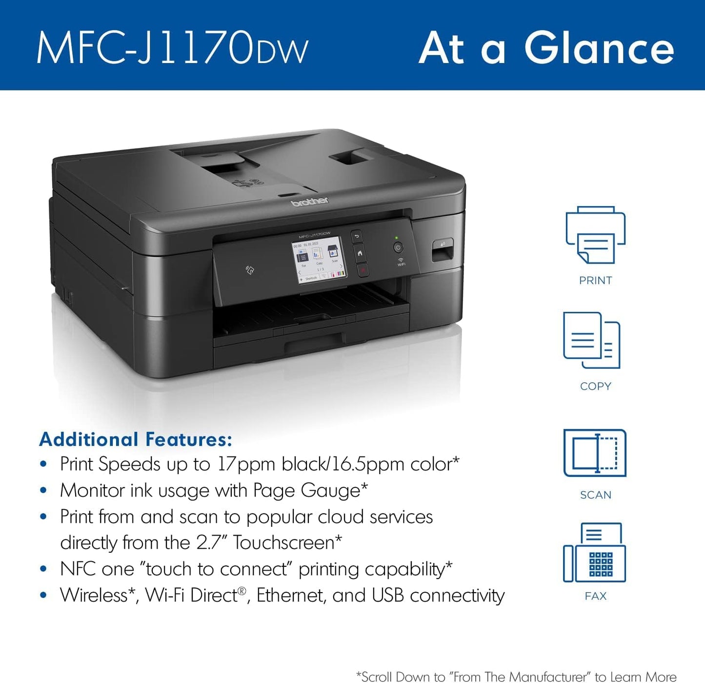 Brother MFC-J1170DW Wireless Color Inkjet All-in-One Printer, NFC One-Touch Print, Duplex, Cloud Print & Scan, Mobile App Control, 2.7" Touchscreen, Works with Alexa - Lumora Desk