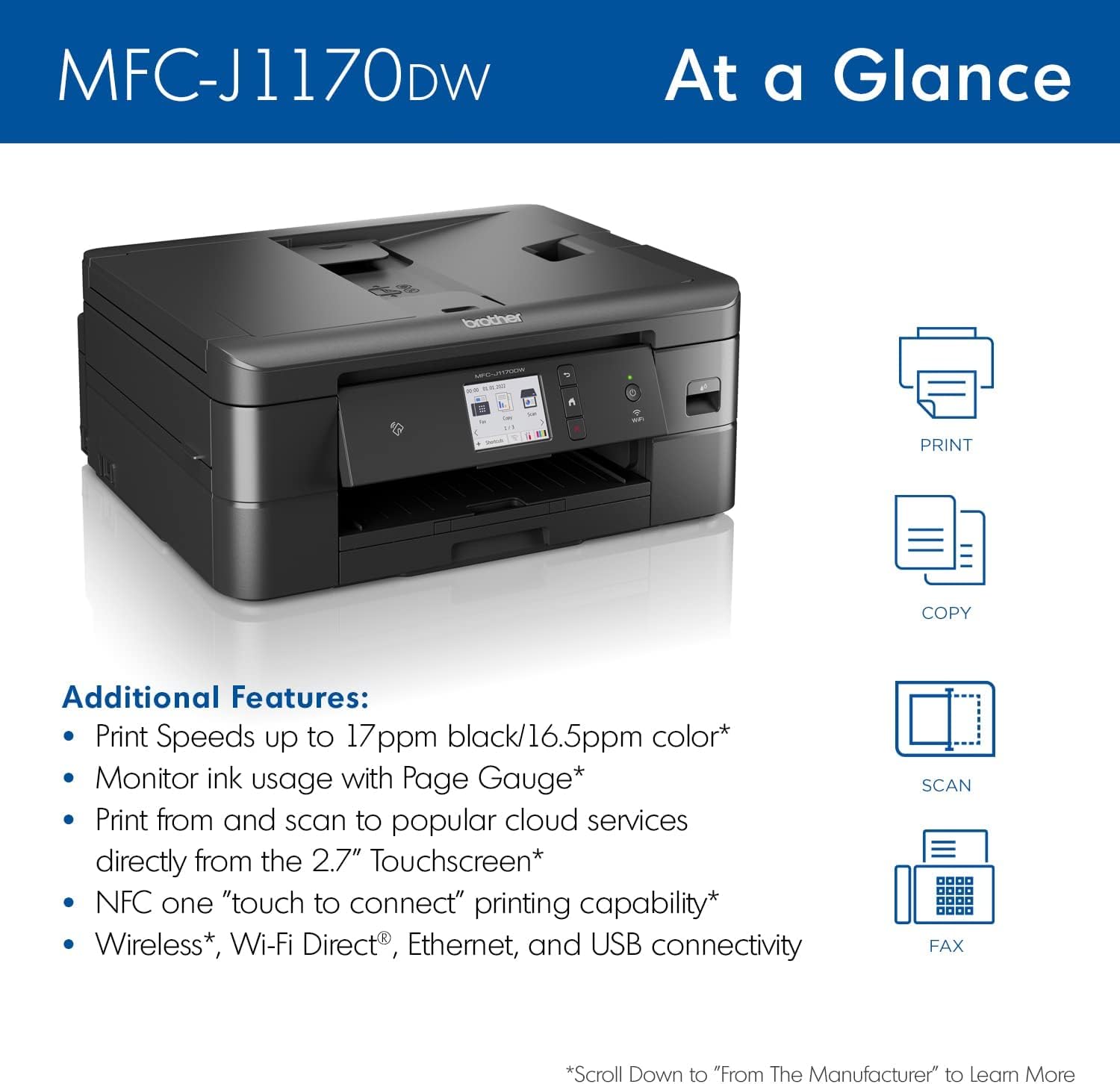 Brother MFC-J1170DW Wireless Color Inkjet All-in-One Printer, NFC One-Touch Print, Duplex, Cloud Print & Scan, Mobile App Control, 2.7" Touchscreen, Works with Alexa - Lumora Desk