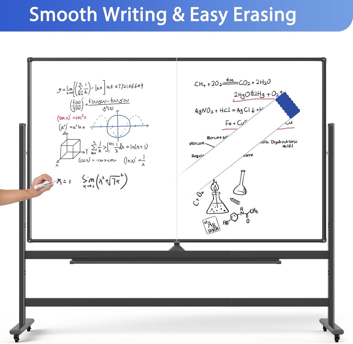 Large 72 x 48 Inch Magnetic Rolling Whiteboard, Double-Sided Dry Erase Board with Stand and Wheels, Mobile White Board for Home, Office, School (Black)
