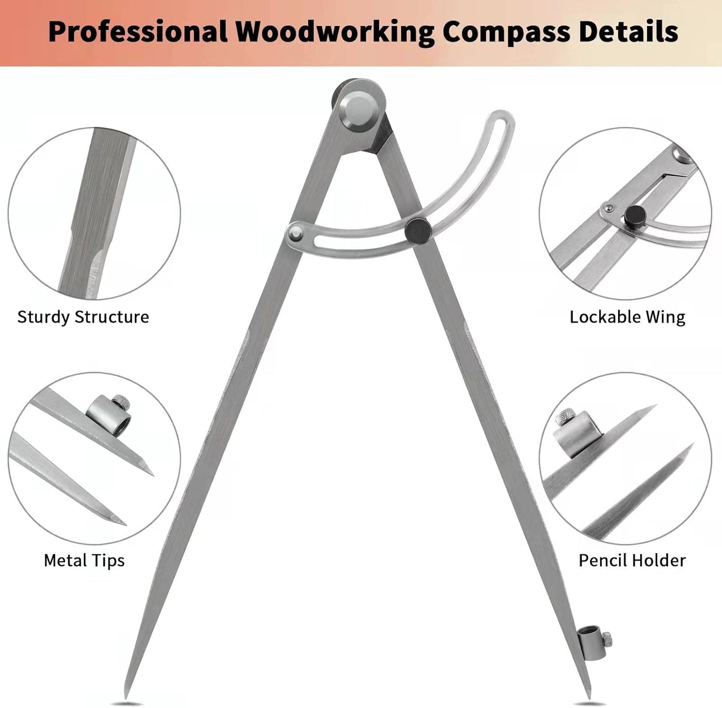 24 inch Compass for Geometry, Compass for Woodworking, Precision Woodworking Compass with Wing Divider and Pencil Holder, Large Compass for Geometry, Woodworking Compass, Drafting, Drawing Compass