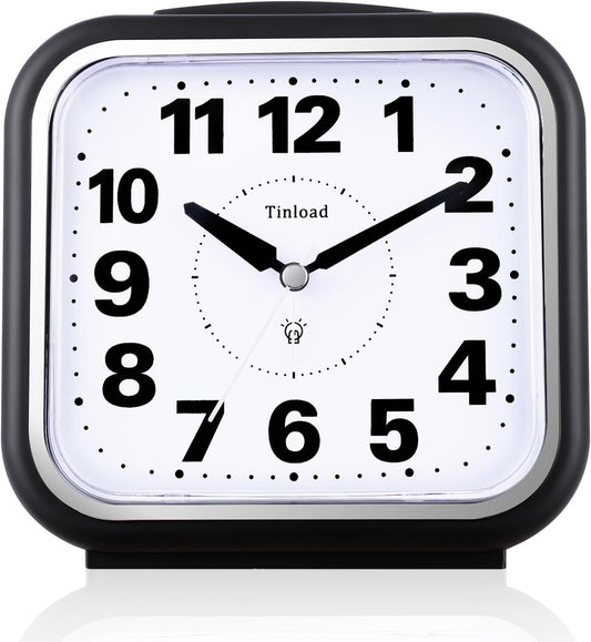 5.5" Large No Ticking Analog Alarm Clock,Silent Readable for Seniors,Easy to Set,Gradual Rise Alarm,Big Numbers,Gentle Wake,Snooze, Lighted on Demand,Battery Operated,Black