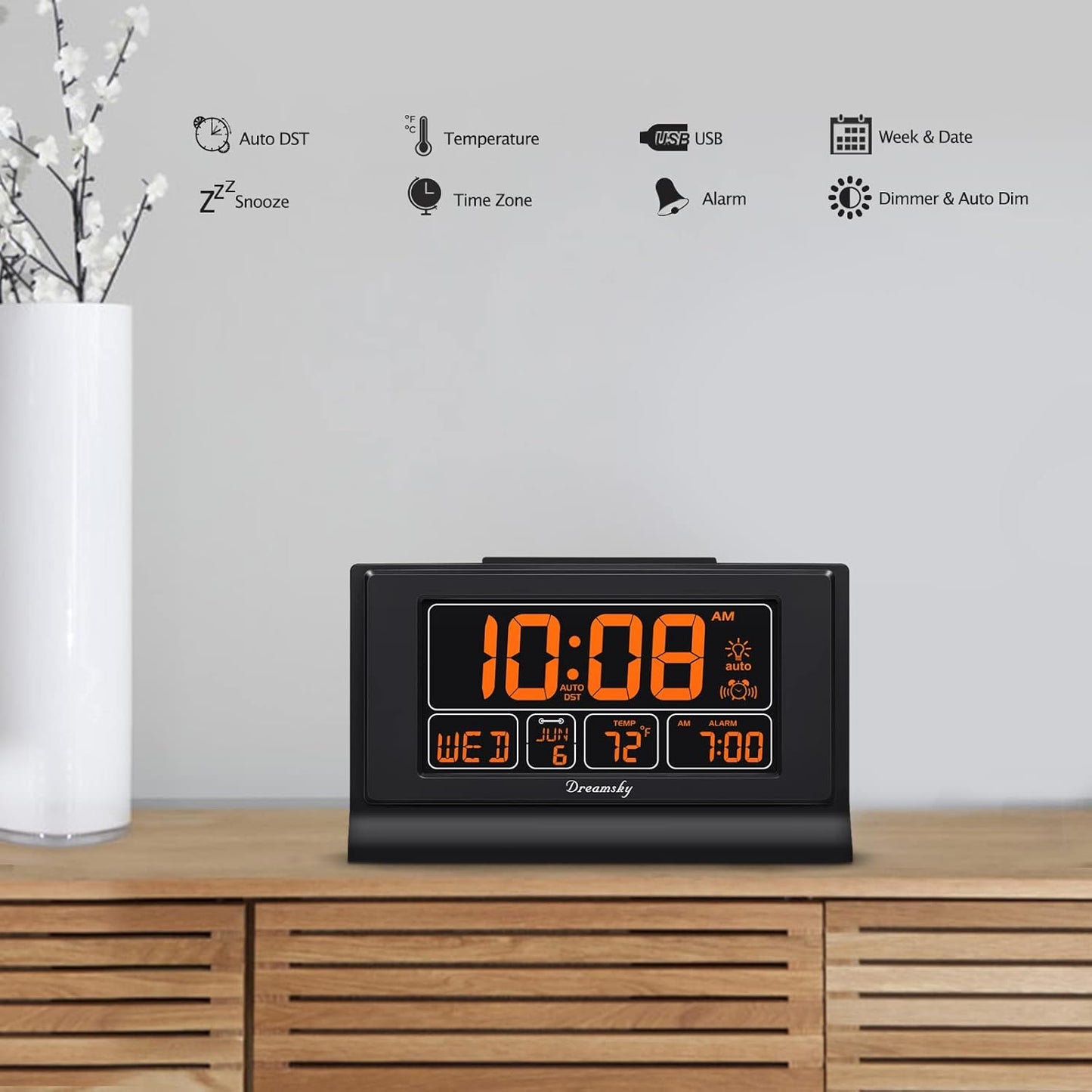 DreamSky Digital Alarm Clock with Battery Backup, 5 Inch Large Display, Auto Set Clock, USB Charging Ports, 12/24H