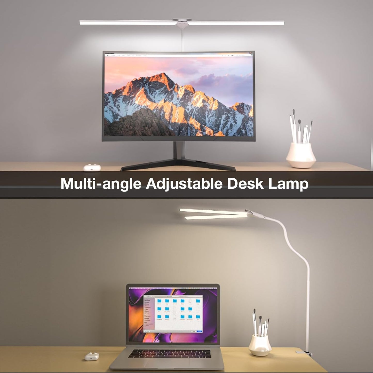 LED Desk Lamp, Double Head Desk Lamps for Home Office, Dimmable 25 Lighting Modes Bright Desk Lighting,12W 1400lm Eye-Caring Architect Table Lamp for Workbench Monitor Reading Study, White - Lumora Desk