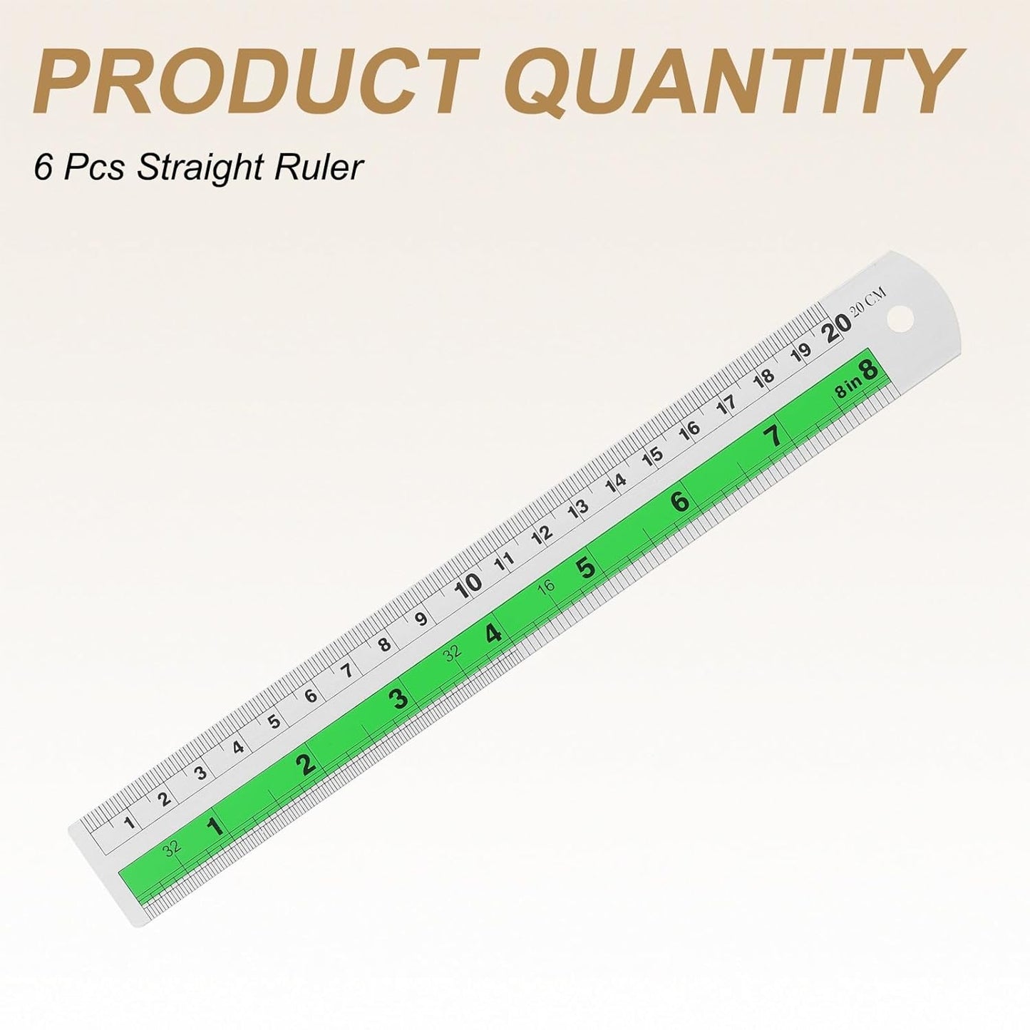HARFINGTON 6pcs Metal Straight Ruler 20cm Metric SAE Aluminum Alloy Measuring Rulers Scale Tool with Hole for Measure Study Reading Classroom Office, Green