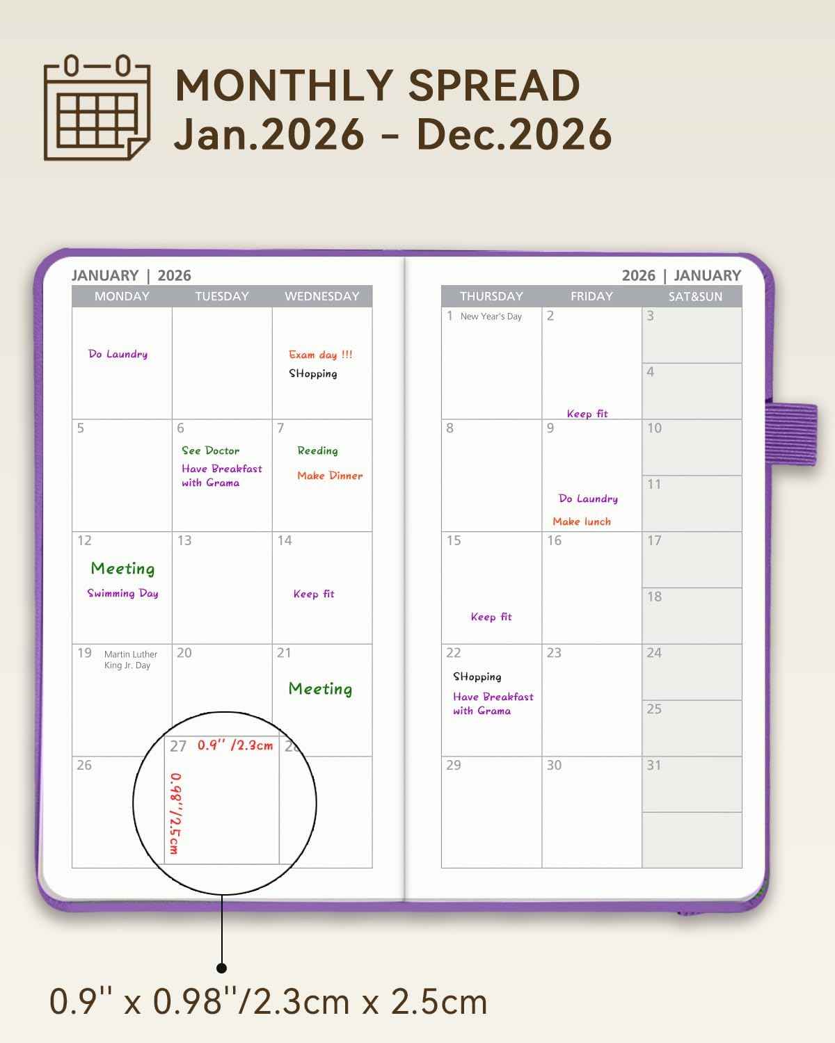 2026 Pocket Calendar by YihurKis - Weekly and Monthly Planner, 3.5'' x 6'', 2026 Purse Planner with Pen Holder, Leather Hard Cover, Inner Pocket For Men & Women - Pink