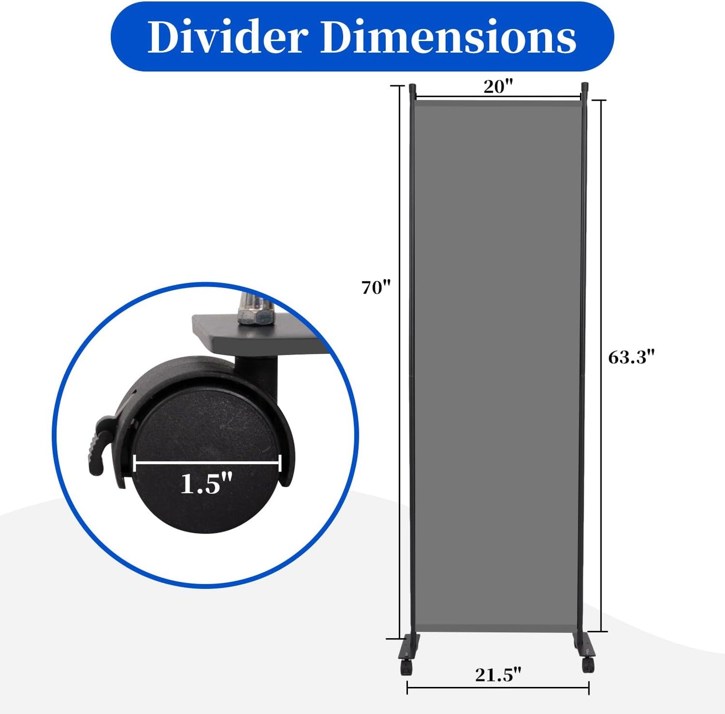 Room Divider 6FT Room Partition with Lockable Wheels, (Thicked Metal Base) Room Dividers, Freestanding Indoor Folding Privacy Screens, Portable Fabric Wall Divider for (Grey, 21.5"- 1 Panel)