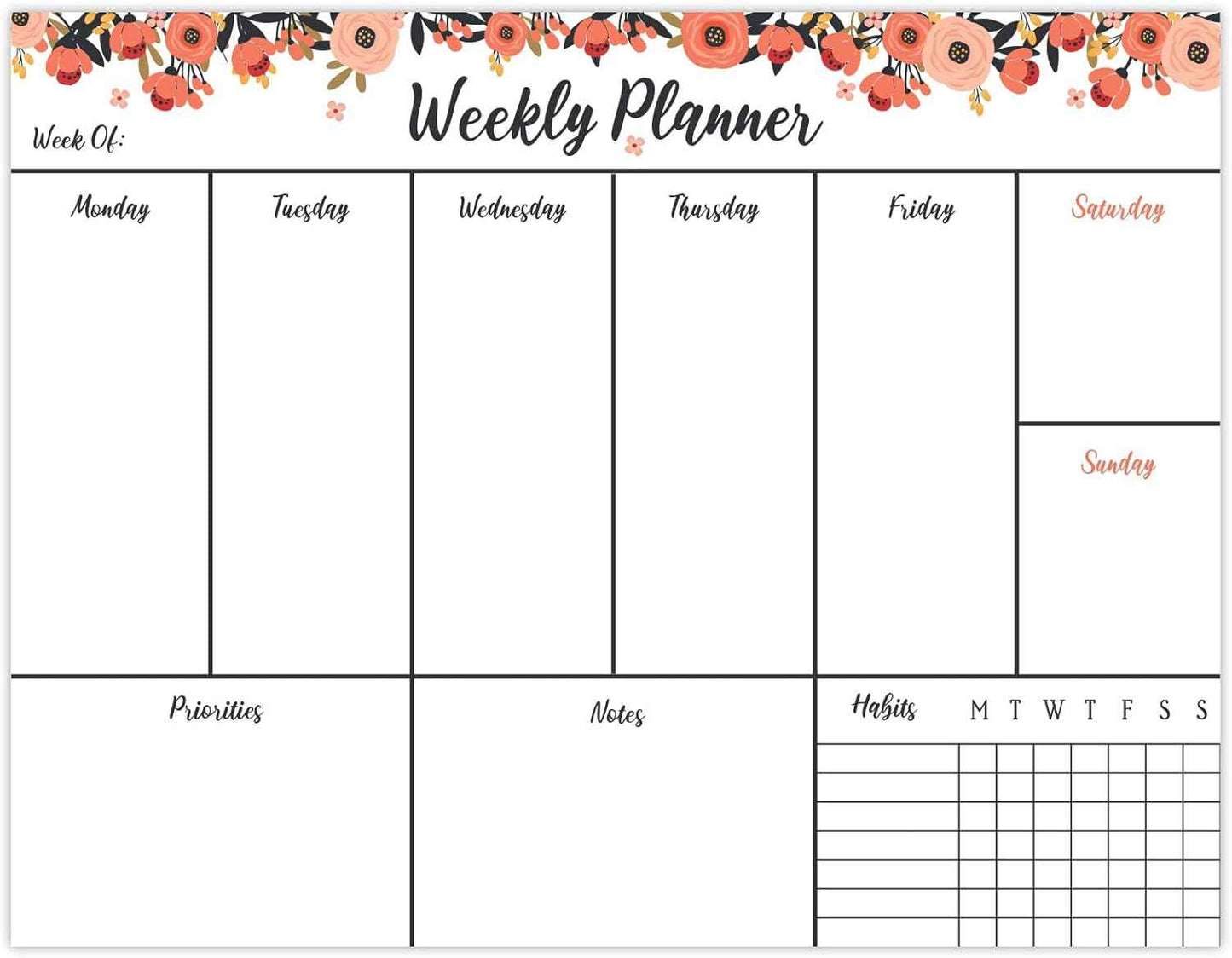 Global Printed Products 8.5" x 11" Horizontal To-Do List and Weekly Planning Pad, 60-Sheets, Peach & Pink Floral