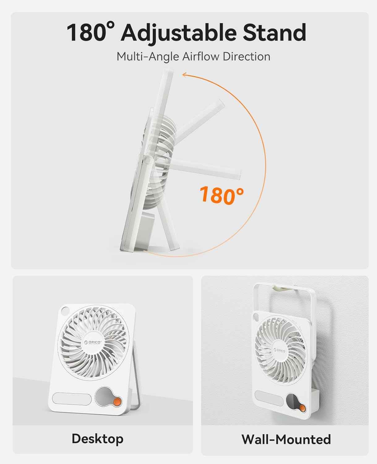 ORICO Portable Desk Fan, Ultra-thin Rechargeable Mini Cooling Fan with 180° Tilt Folding & Small Powerful 3 Speeds Personal Fan with Digital Display for Bedroom Office Camping Travel Beach-DoFAN White