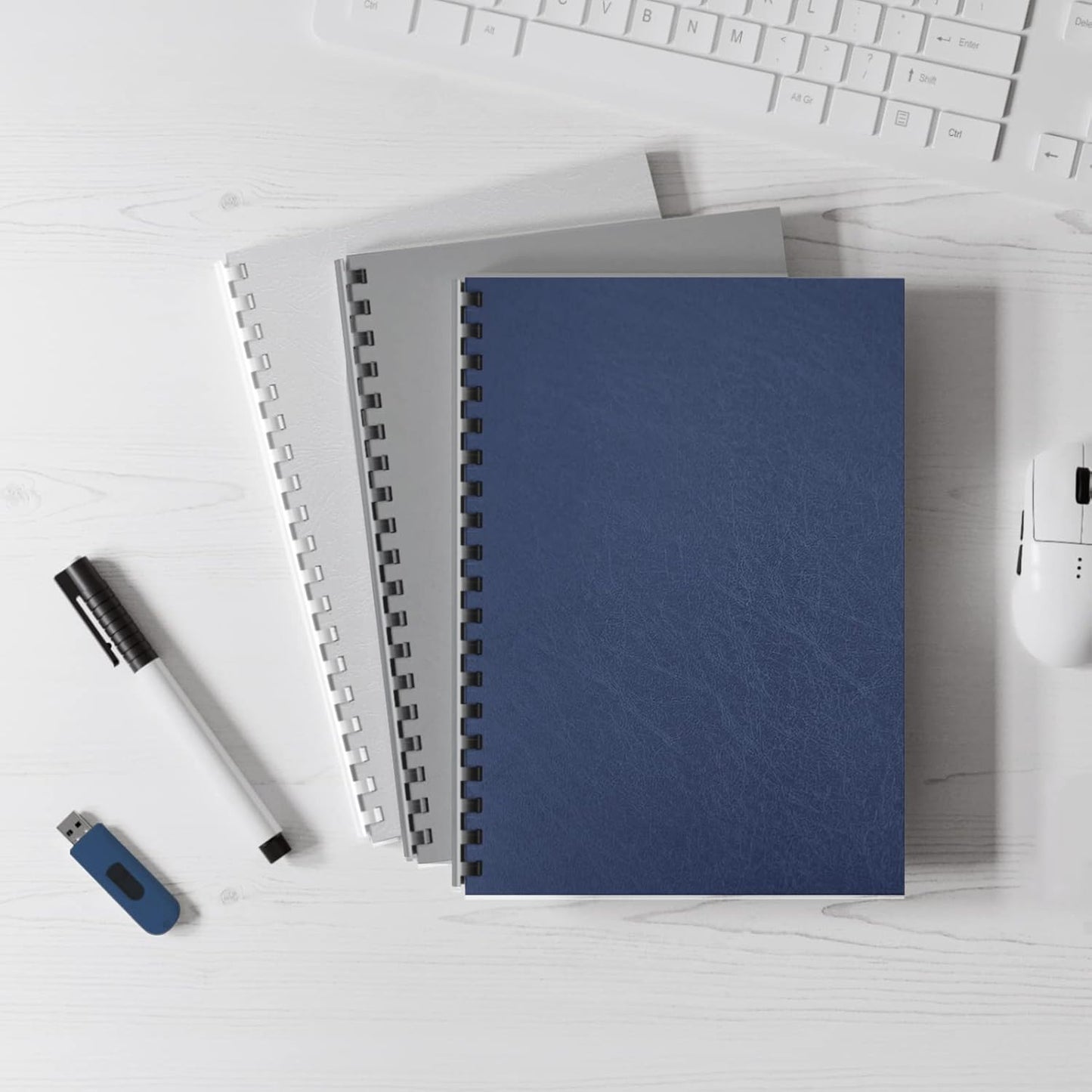 Binditek 100 Pack 16 Mil Leather-Textured Heavyduty Polycovers, Letter Size, Plastic Binding Presentation Covers, 8-1/2 x 11", Square Corners, Unpunched, Navy, Office Supplies