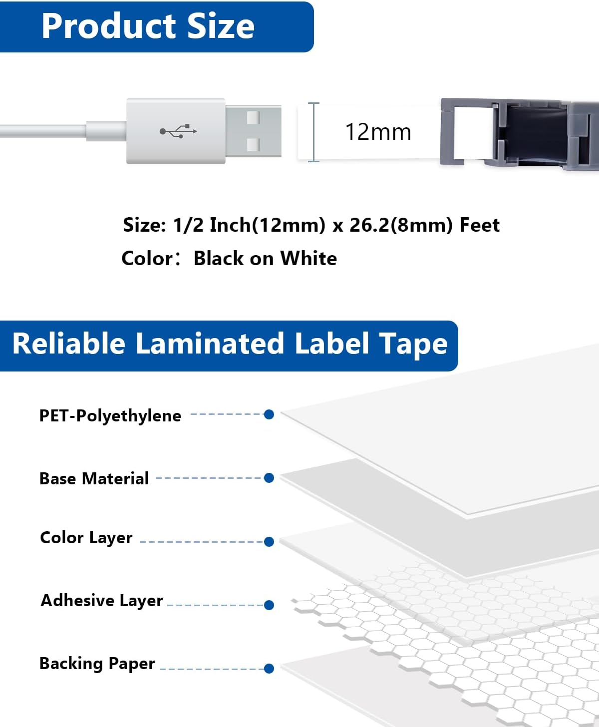TZe-2312PK Tape 12mm 0.47" Label Maker Tape Laminated Black on White 1/2 Inch Replacement for TZe-231 TZe231 TZ-231 Label Tape Refills for PT-H110 D210 D220 D400 D600 PT-H103W, 2-Pack