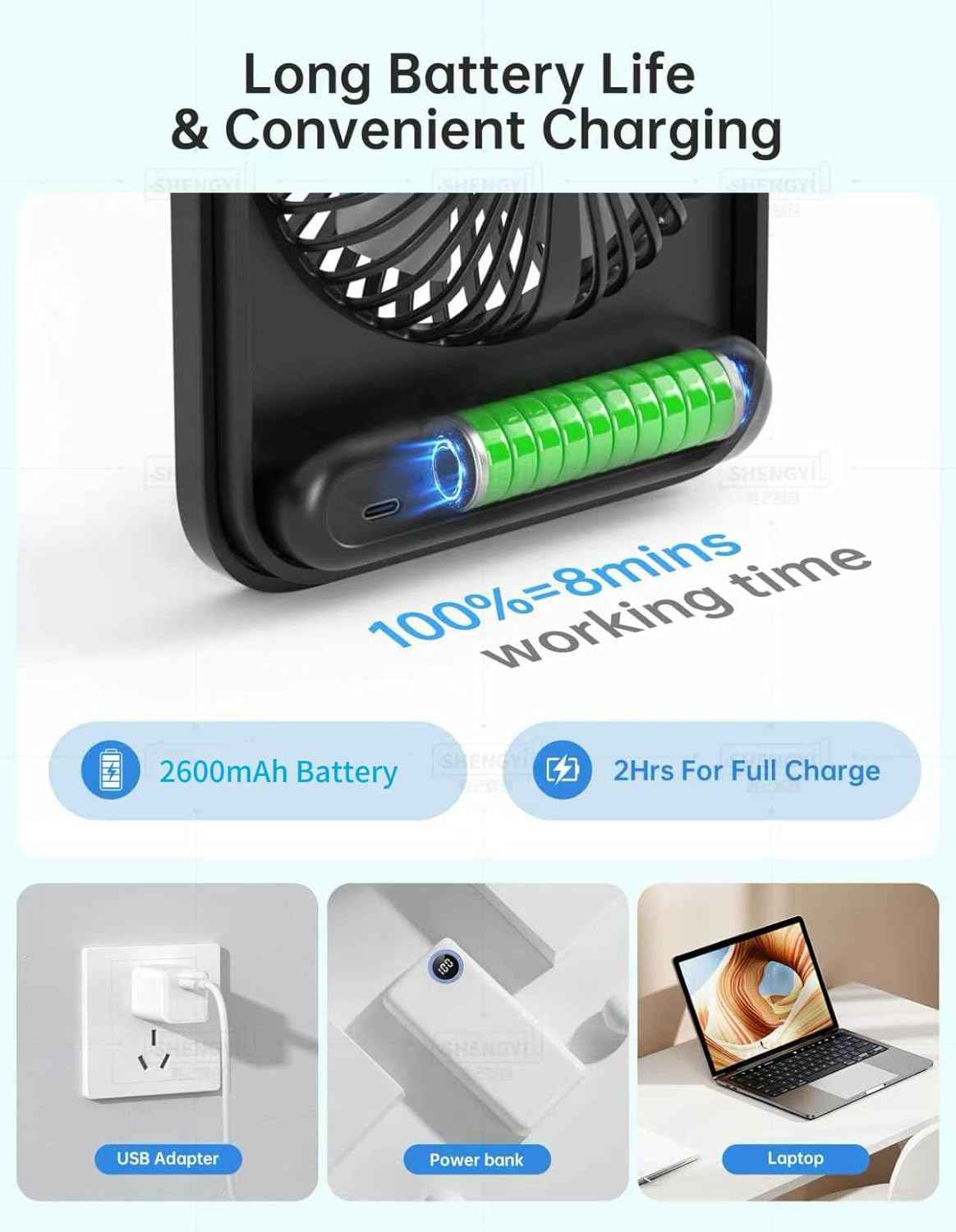 Desk Fan Rechargeable, Portable Battery Desk Fan for Office Bedroom Bedside, Ultra Silent USB Fan with Strong Airflow, Tilt Folding Fan for Travel, 5-Speed with 2600mAh Battery & LCD Display