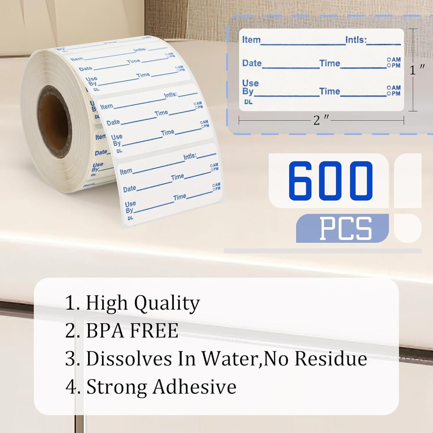 L LIKED 2x1 Dissolvable Labels, 600 Stickers, Use by Food Rotation Labels for Storage and Container (600, Blue)
