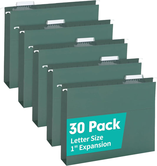 HERKKA Extra Capacity Hanging File Folders, 30 Pack Reinforced Hang Folders with Heavy Duty 1 Inch Expansion, Designed for Bulky Files, Medical Charts, Letter Size, Green