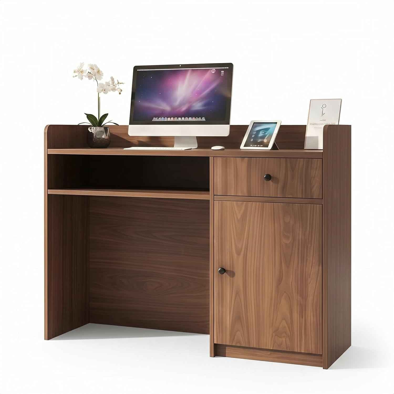 Modern Reception Desk with Drawer and File Cabinet - Front Counter Table for Office, Salon, Spa, Retail - Small Reception Desk for Small Spaces - European Oak - 47.24in