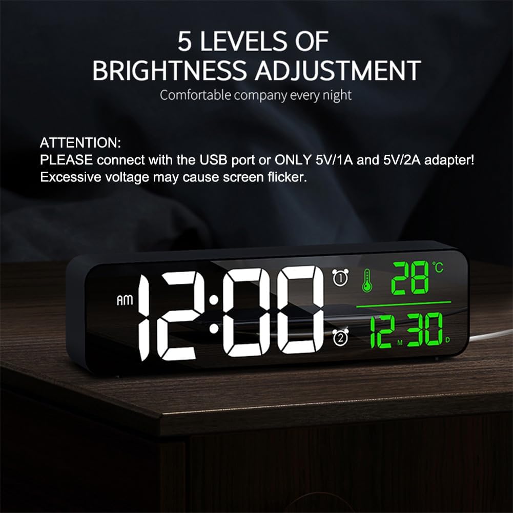 Digital Clock Large Display, Alarm Clock for Living Room Office Bedroom Decor, LED Corded Electric, Date Temp Display Wall Clock, Automatic Brightness Dimmer Smart Cool Modern Desk Accessories Black