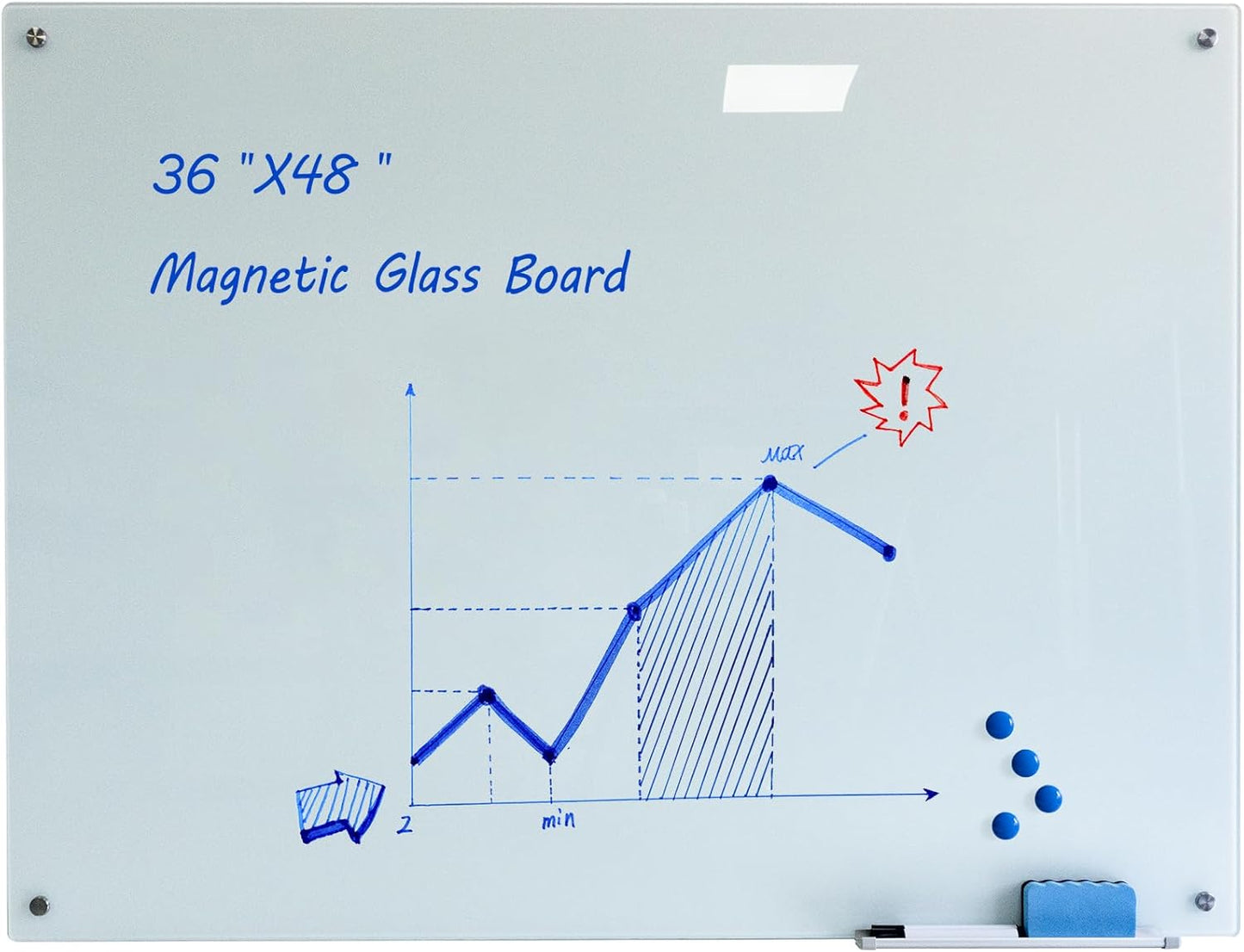 Magnetic Glass Whiteoard with Eraser 48" x 36" Frameless Tempered Glass Dry Erase Whiteboard with Marker Tray for Interactive Office, Wall Mounted Whiteboard (White) - Lumora Desk
