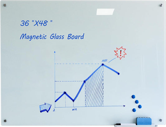 Magnetic Glass Whiteoard with Eraser 48" x 36" Frameless Tempered Glass Dry Erase Whiteboard with Marker Tray for Interactive Office, Wall Mounted Whiteboard (White) - Lumora Desk