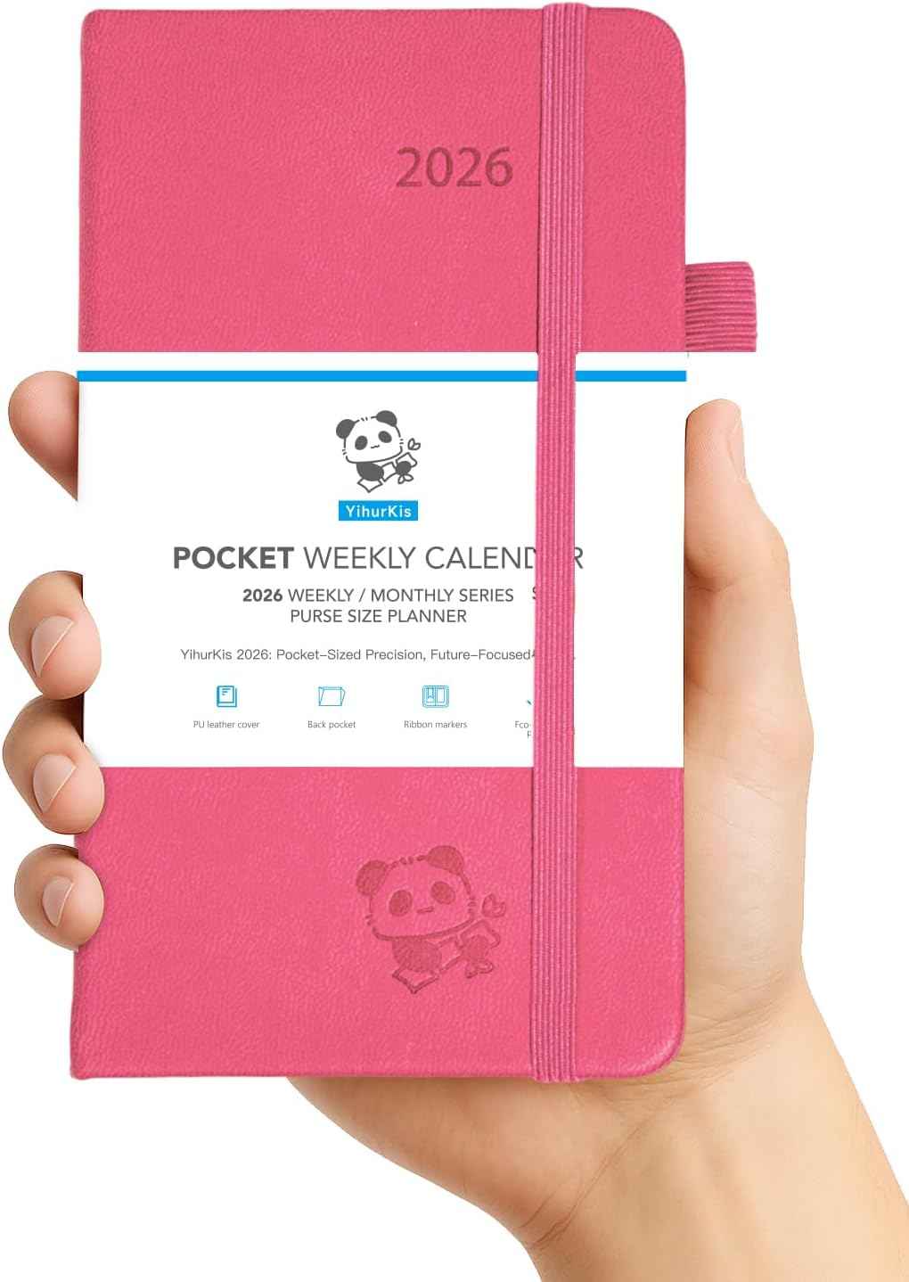 2026 Pocket Calendar by YihurKis - Weekly and Monthly Planner, 3.5'' x 6'', 2026 Purse Planner with Pen Holder, Leather Hard Cover, Inner Pocket For Men & Women - Pink