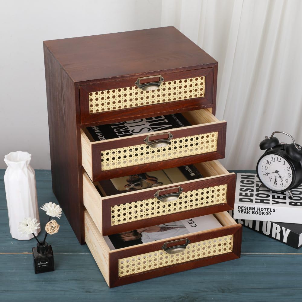 Large Wooden Storage Box Wooden Box with Drawers Apothecary Cabinet Large Desk Organizer with Drawers Rattan Storage Cabinet (LARGE BROWN)