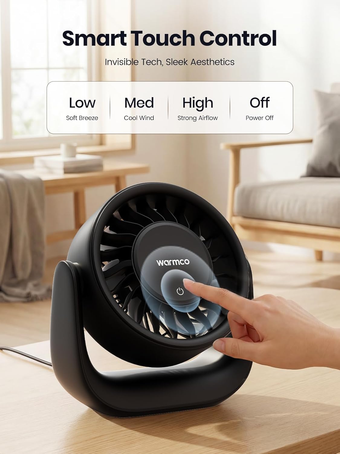 Warmco USB Desk Fan with Touch Control, (USB Powered Only, No Battery) Small Personal Desktop Fan, USB-A & USB-C Plug, 3 Speeds Strong Airflow, Quiet Table Fans for Home Office Dorm
