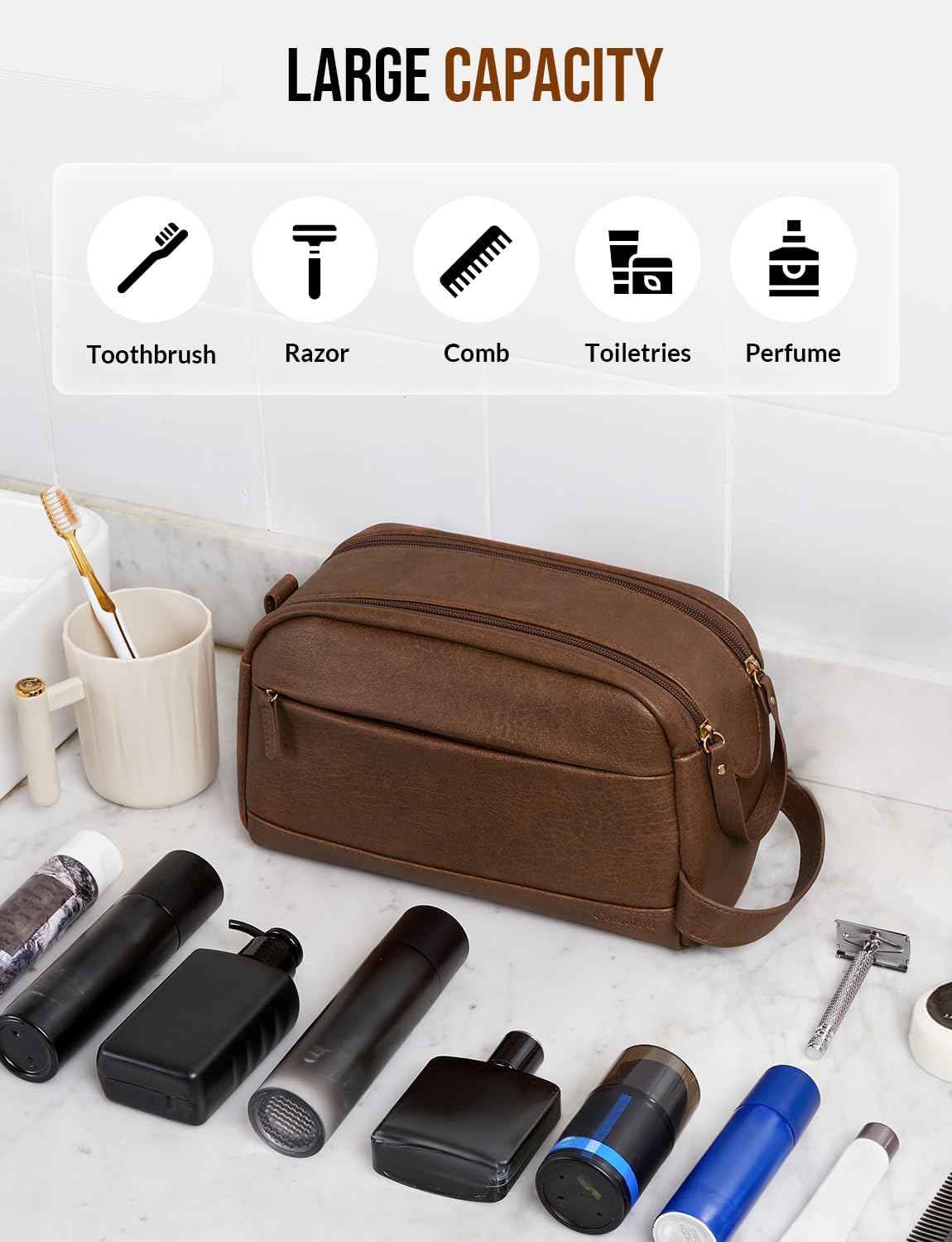 PU Leather Toiletry Bag for Men - Water Resistant Travel Bag for Toiletries, Bathroom Essentials, Accessories - Brown